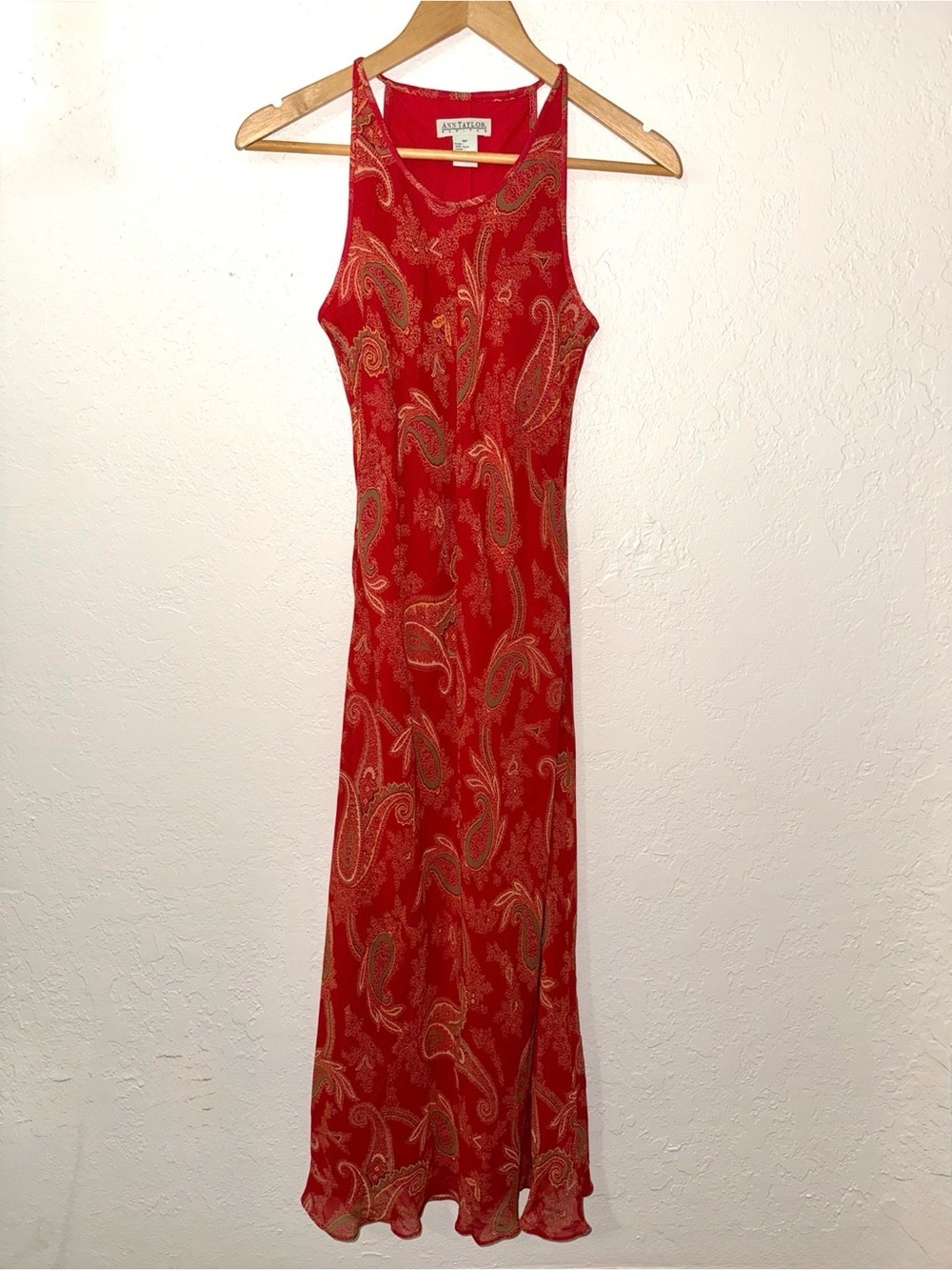 Vintage Ann Taylor Petites 100% Silk Maxi Dress 4P Red Gold Paisley  - 90s Y2K